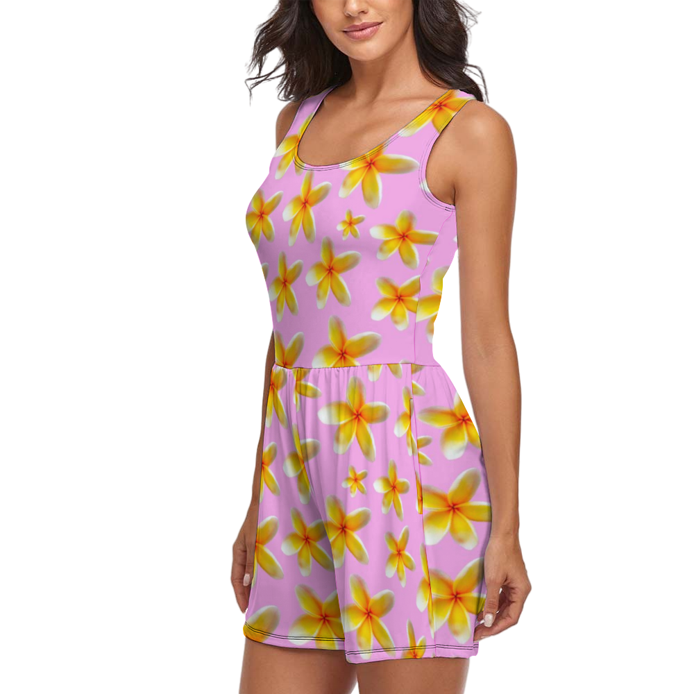 Yellow Frangipanis Pink Sleeveless Short Jumpsuit