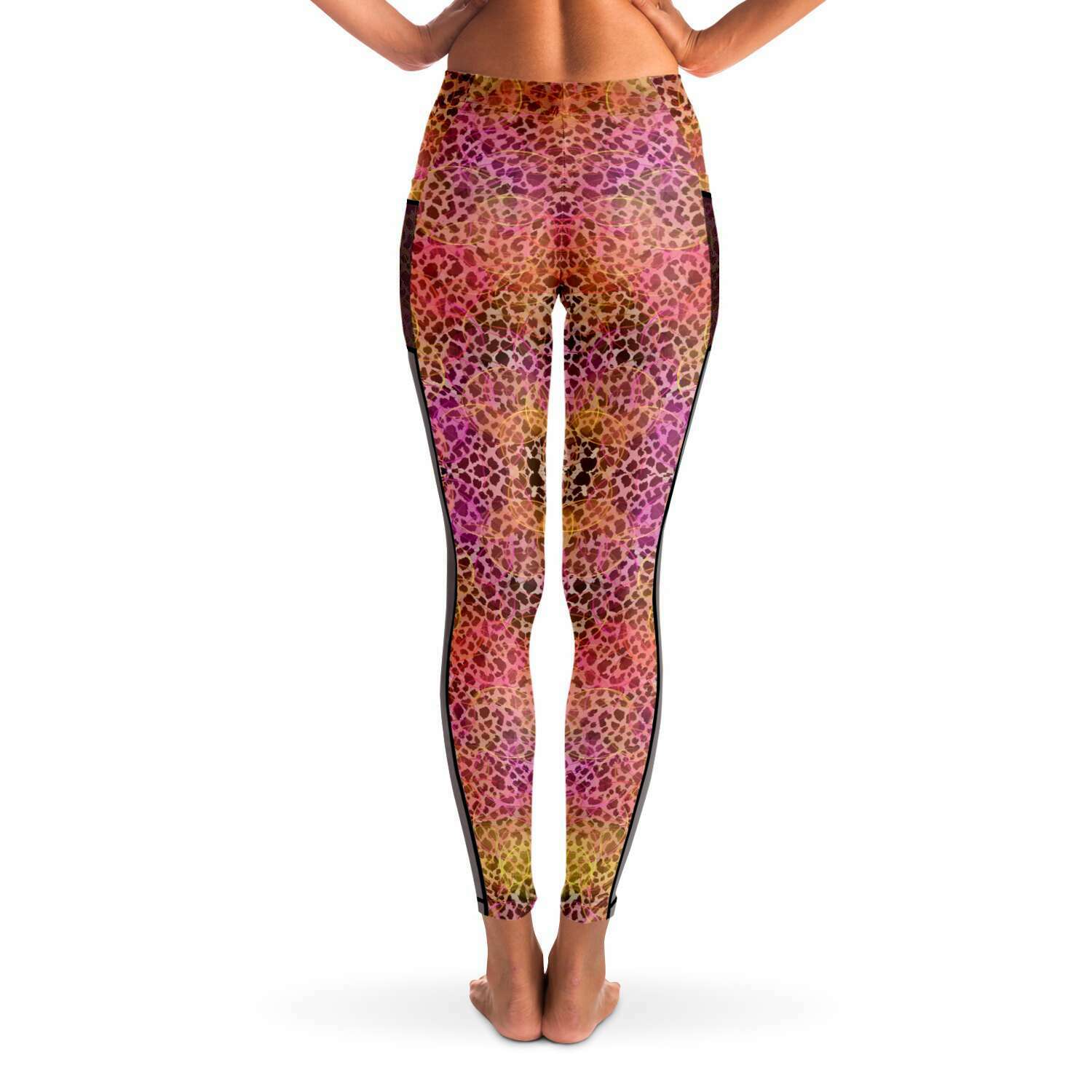 Leopard Circles Mesh Panel Side Pockets Leggings (FWS)