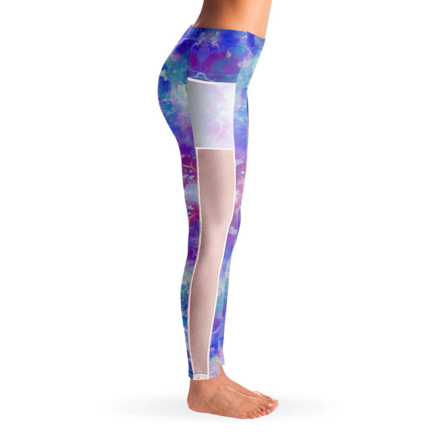 Blue Pink Aqua Mesh Panel Side Pockets Leggings (FWS)