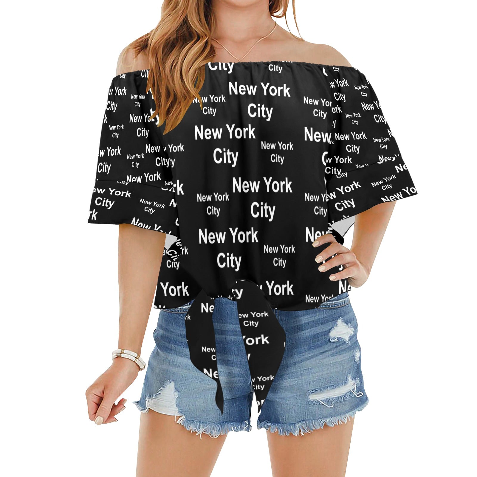 New York City Black Off Shoulder Knot Front Top up to 2 XL (FWS)