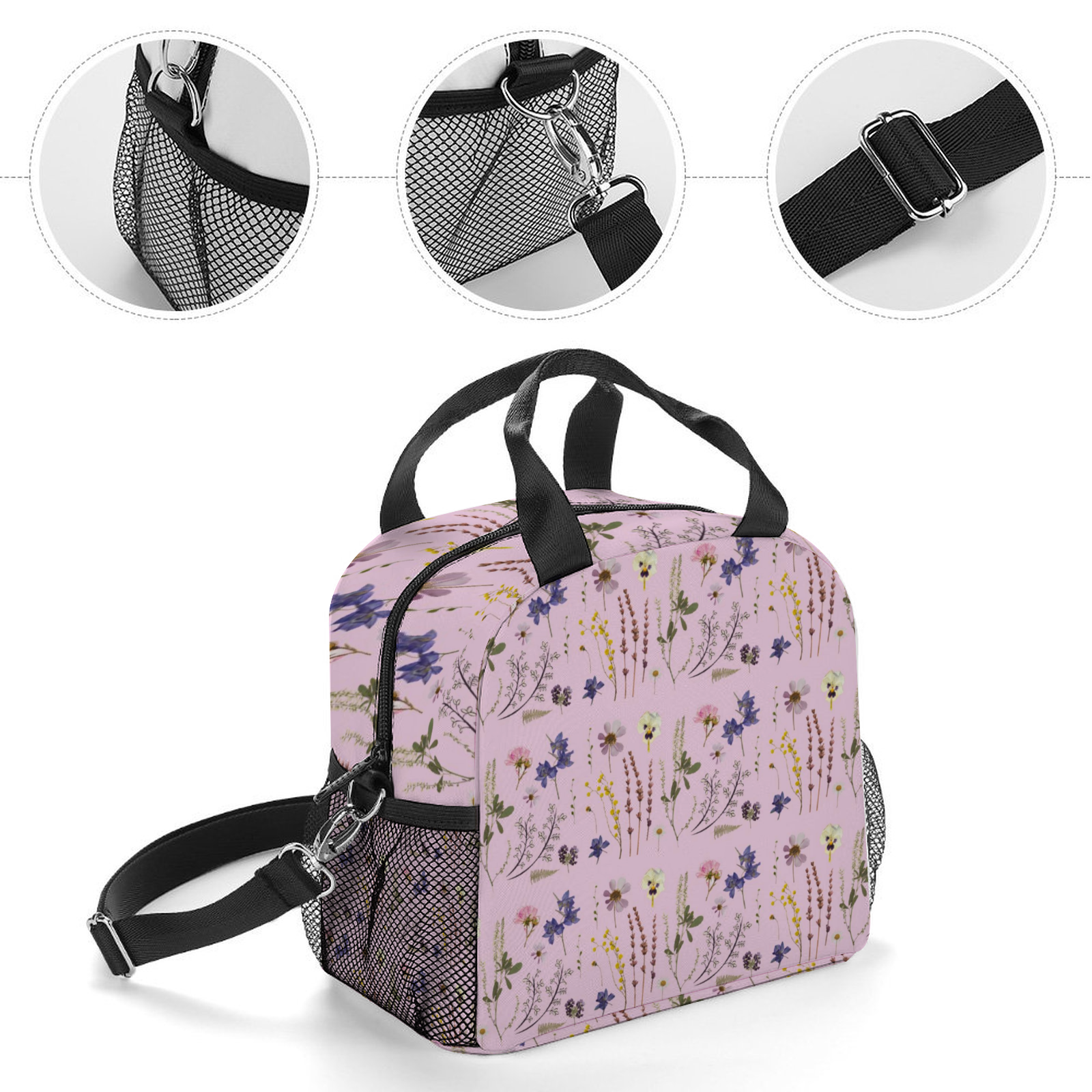 Wildflowers Pink Insulated Lunch Bag with Handles & Top Strap