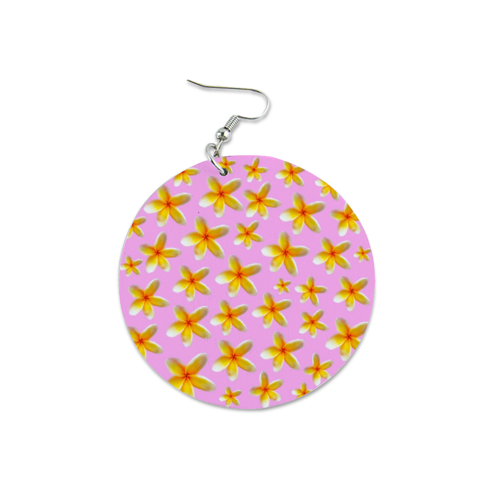 Yellow Frangipanis Pink Round Wooden Earrings (FWS)