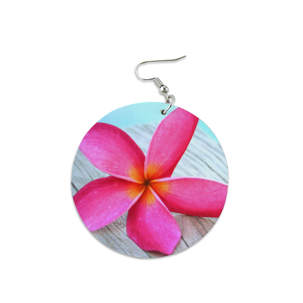 Pink Frangipani Round Wooden Earrings (FWS)