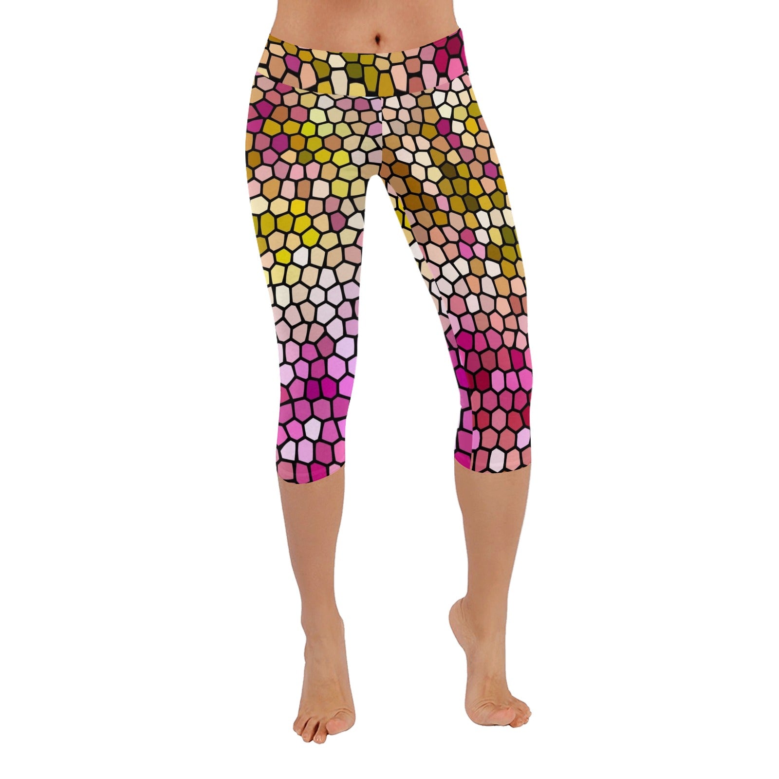 Pink Dahlia Stained Glass Capri Leggings up to 5 XL