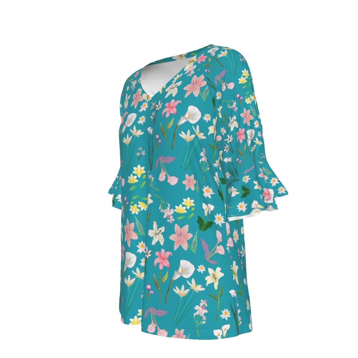 Graphic Lillies Teal V Neck Top With Bell Sleeves up to 3 XL (FWS)