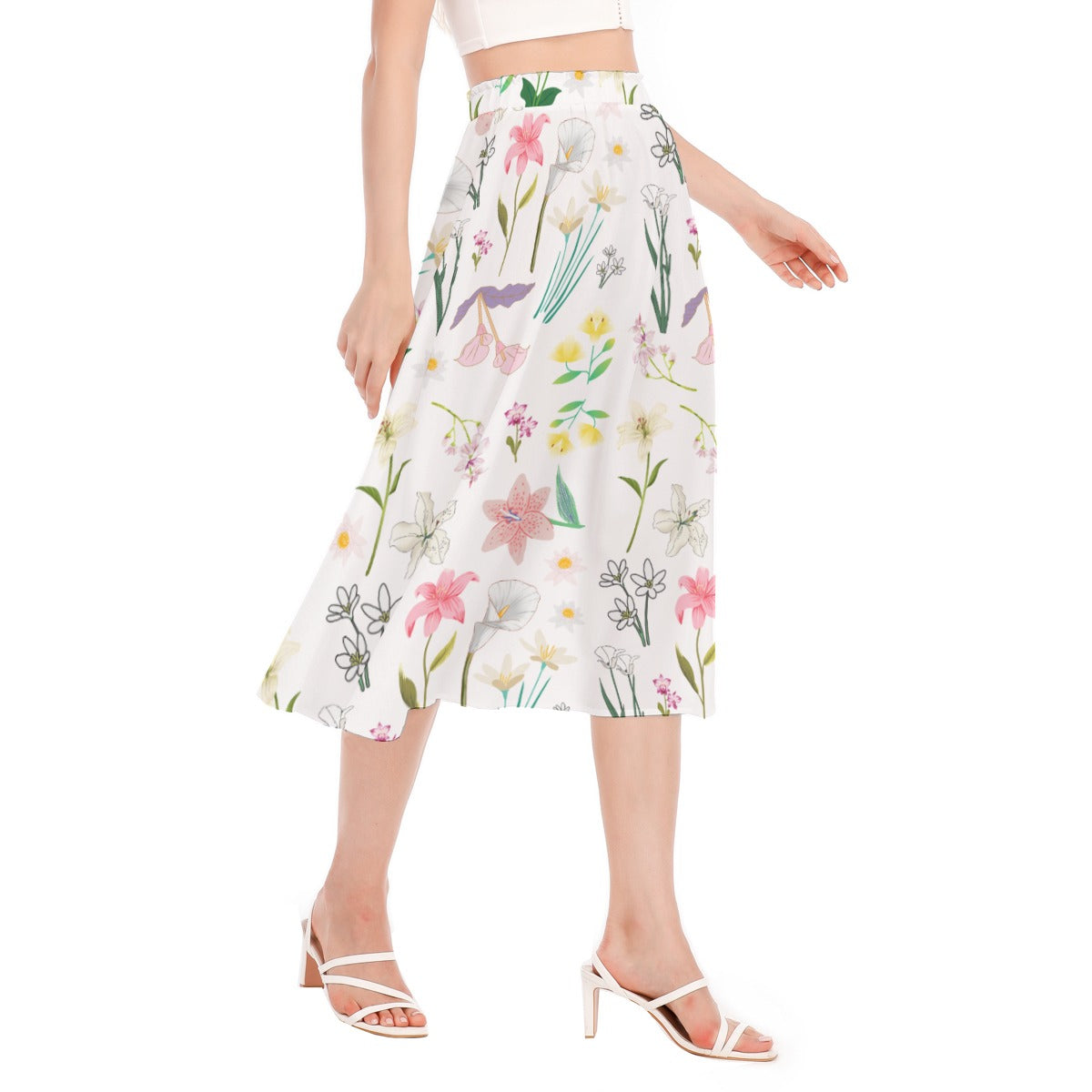 Graphic Lillies White Chiffon Skirt No Pockets up to 2XL (FWS)