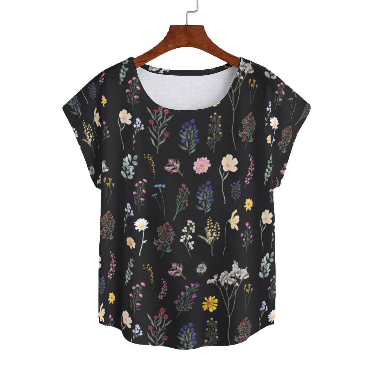 Wildflowers Black Curved Hem Top Large to 5 XL (FWS)