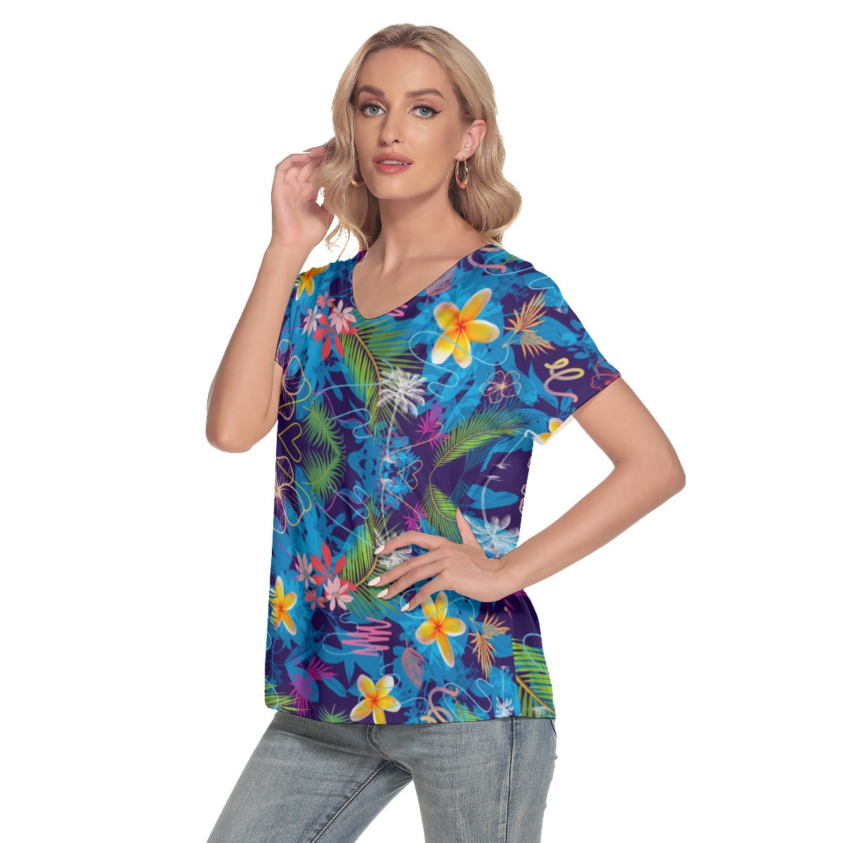 Hawaiian Blue V Neck Top up to 4 XL (FWS)