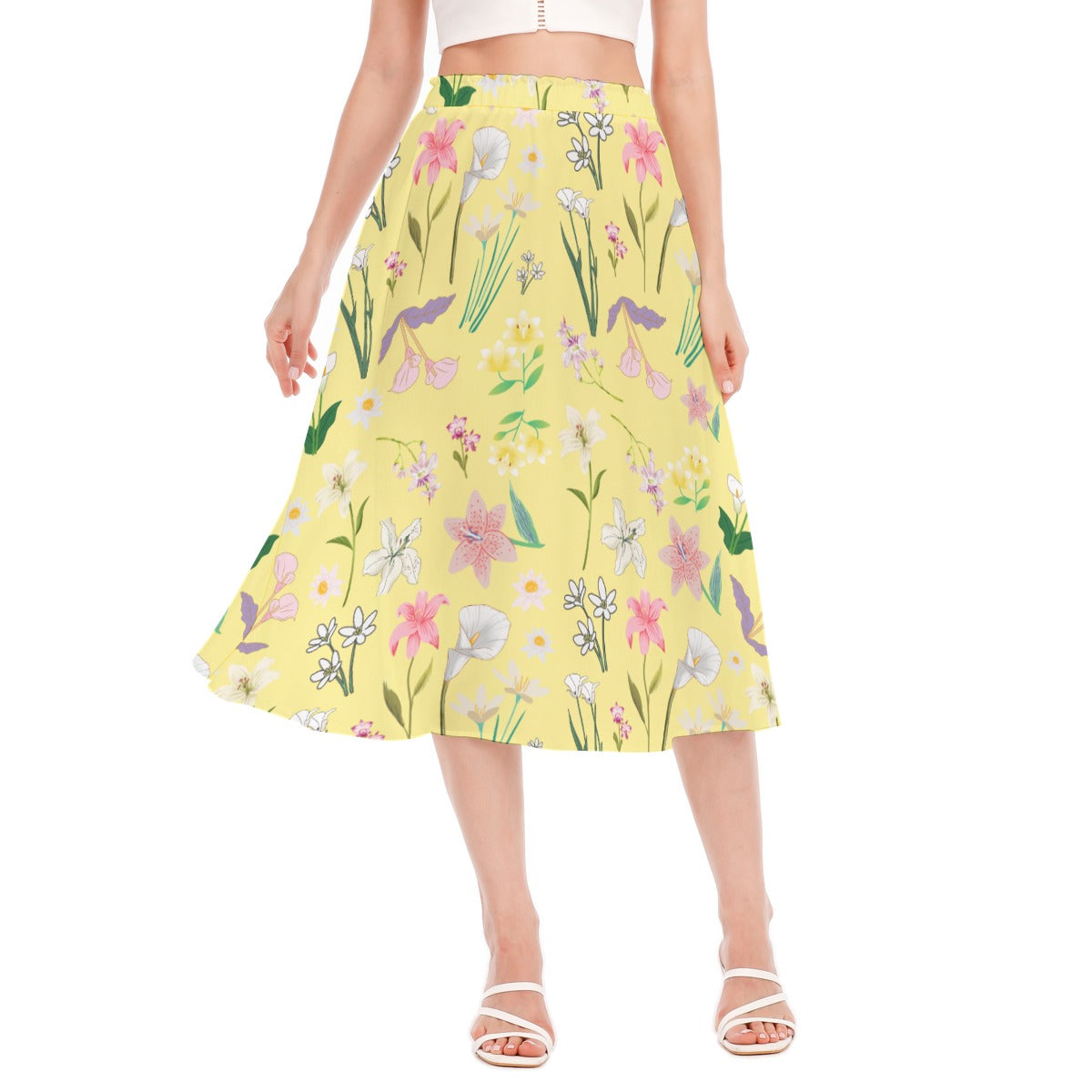 Graphic Lillies Yellow Long Skirt No Pockets up to 2XL (FWS)