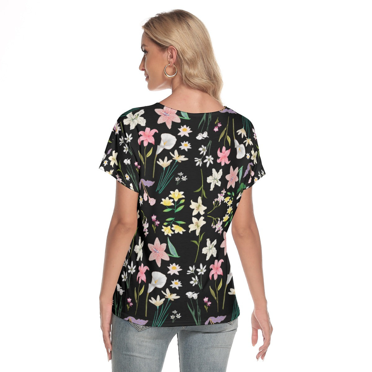 Graphic Lillies Black V Neck Top with 4 XL (FWS)