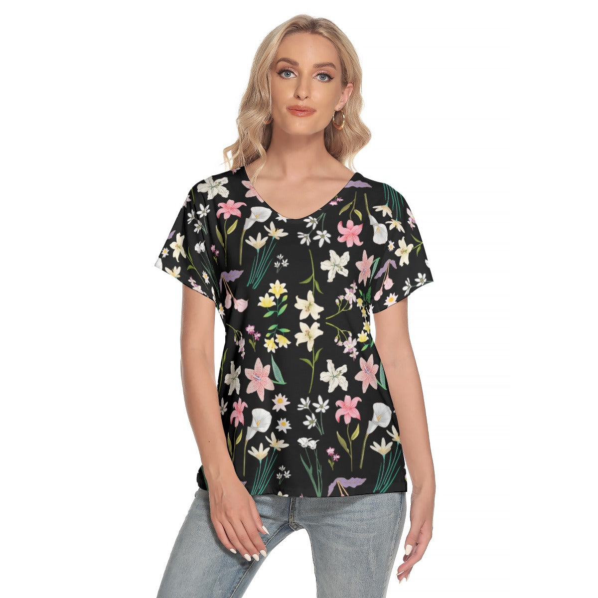 Graphic Lillies Black V Neck Top with 4 XL (FWS)