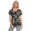 Graphic Lillies Black V Neck Top with 4 XL (FWS)