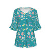 Graphic Lillies Teal V Neck Top With Bell Sleeves up to 3 XL (FWS)