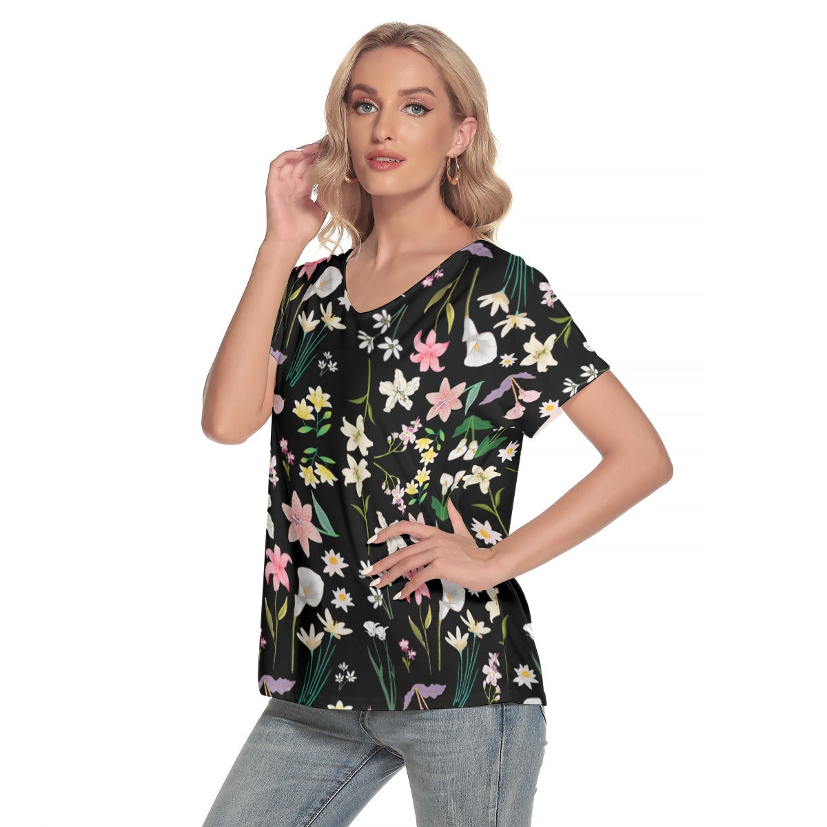 Graphic Lillies Black V Neck Top with 4 XL (FWS)