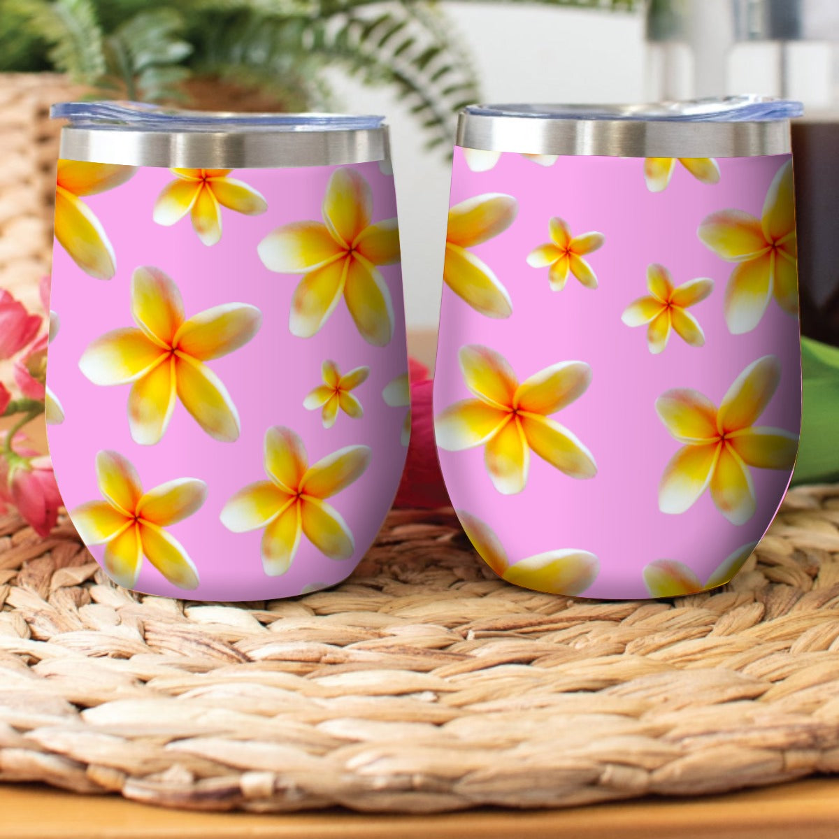 Yellow Frangipanis Pink Stainless Steel Cup with Lid