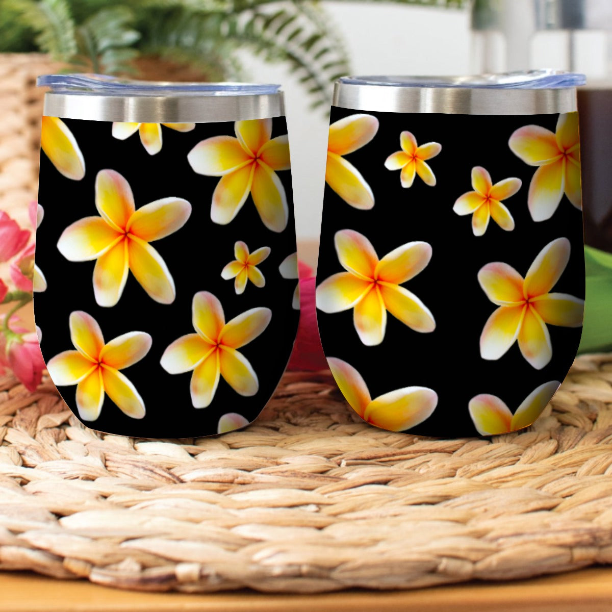 Yellow Frangipanis Black Stainless Steel Cup with Lid