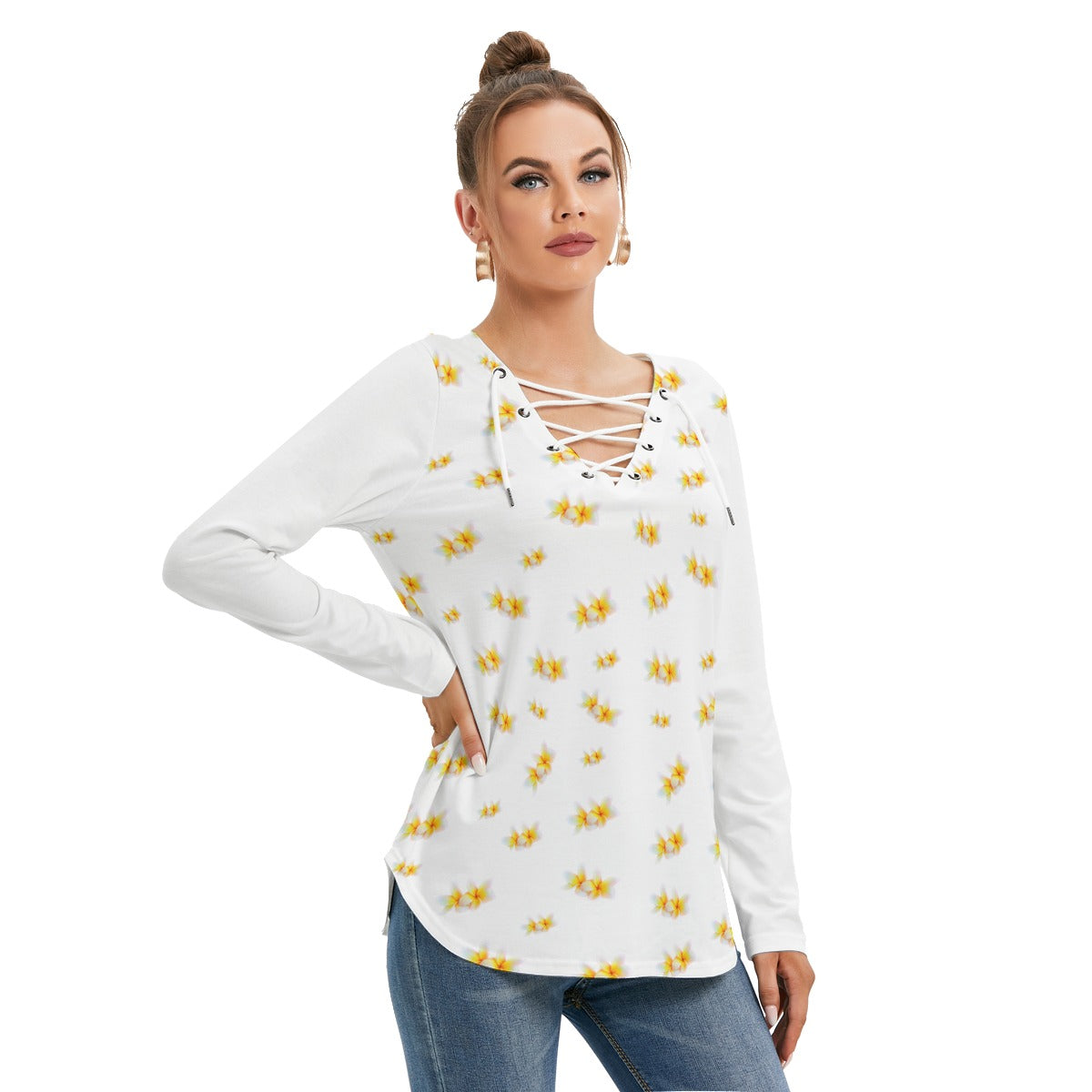 Two Frangipanis Long Sleeve Tie Neck Top