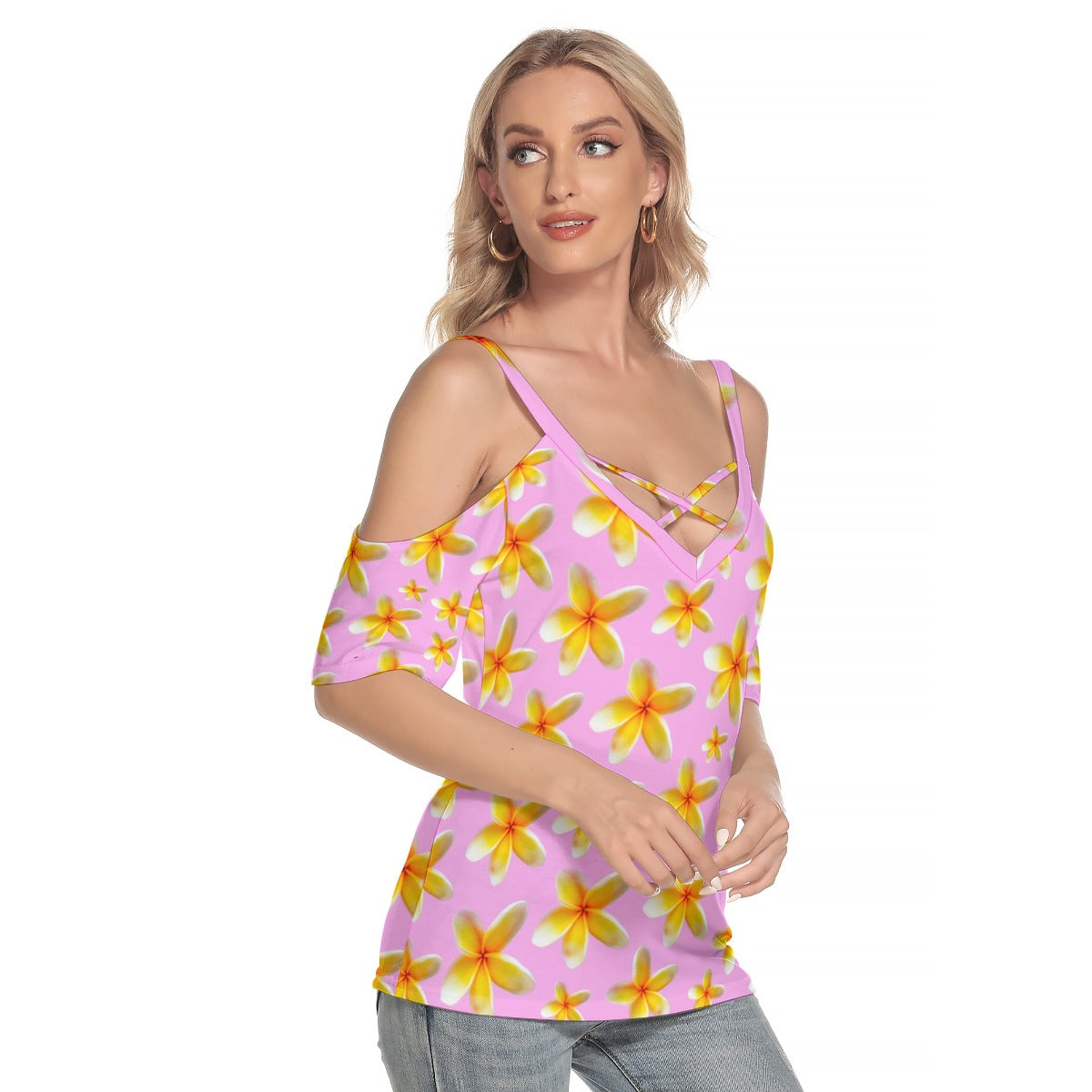 Yellow Frangipanis Pink Top with Criss Cross Straps up to 4 XL (FWS)