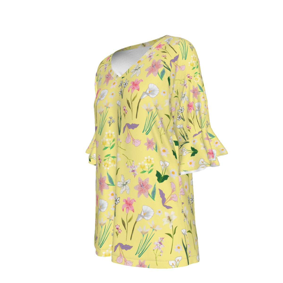 Graphic Lillies Yellow V Neck Top with Bell Sleeves up to 3 XL