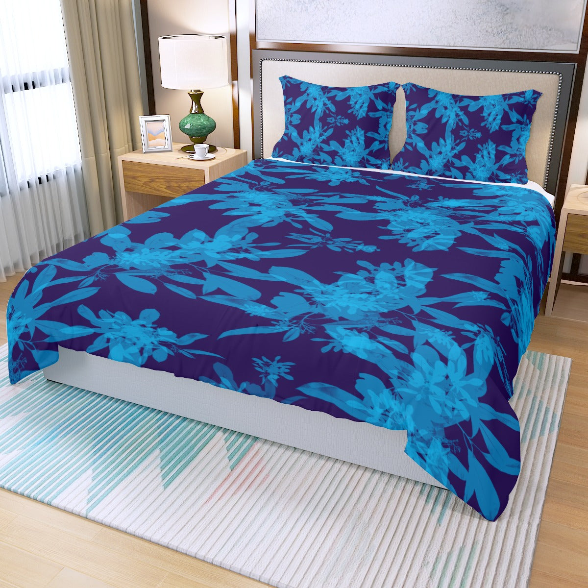 Blue on Blue Leaves Three Piece Bed Cover Set