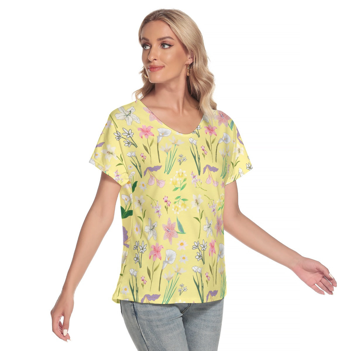 Graphic Lillies Yellow V Neck Top up to 4 XL (FWS)