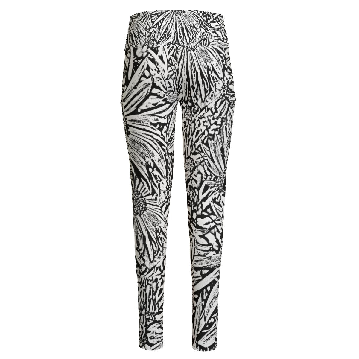 Black & White Daisies High Waist Leggings With Side Pockets up to 6 XL