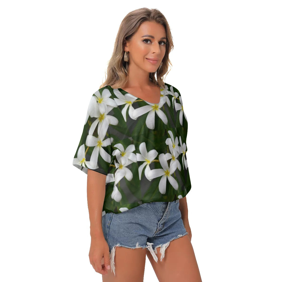 White Frangipani Women's Bat Sleeves V-Neck Blouse