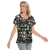 Graphic Lillies Black V Neck Top with 4 XL (FWS)