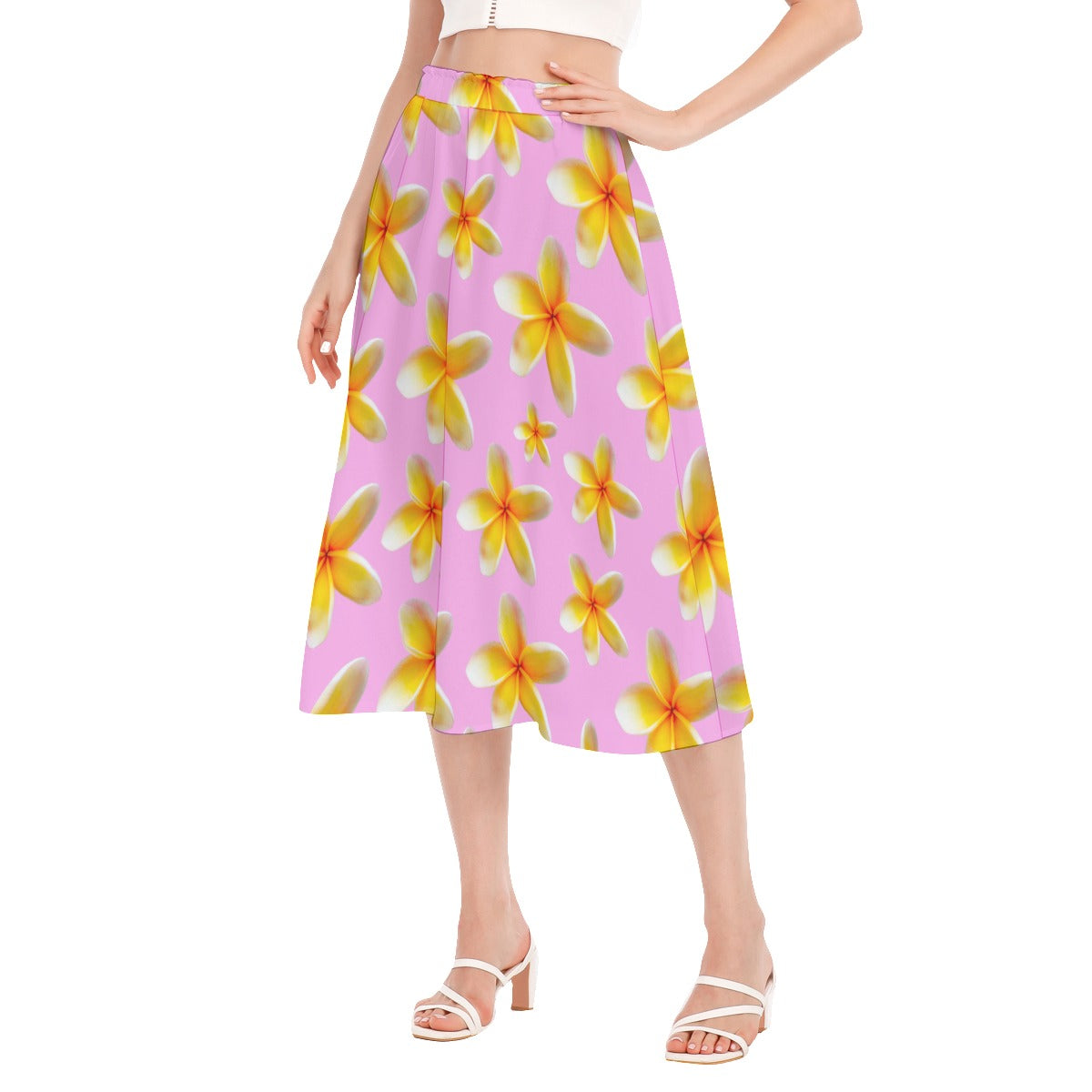 Yellow Frangipanis Pink Chiffon Skirt No Pockets up to 2XL (FWS)