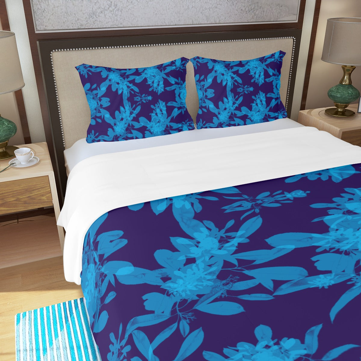 Blue on Blue Leaves Three Piece Bed Cover Set