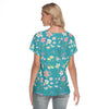 Graphic Lillies Teal V Neck Top up to 4 XL (FWS)