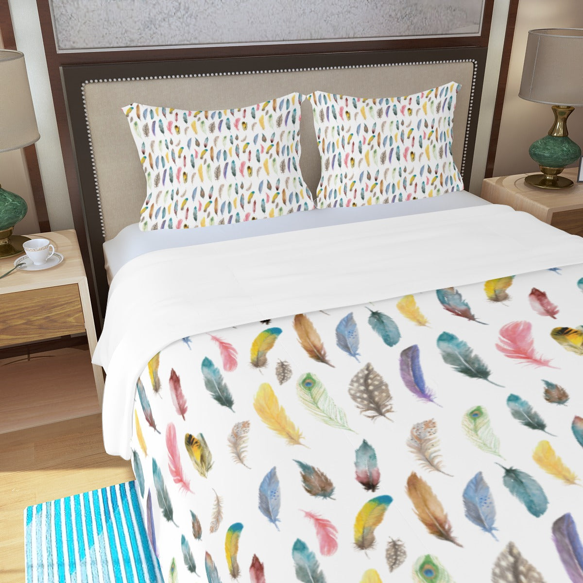 Colourful Feathers Three Piece Bed Cover Set