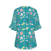 Graphic Lillies Teal V Neck Top With Bell Sleeves up to 3 XL (FWS)