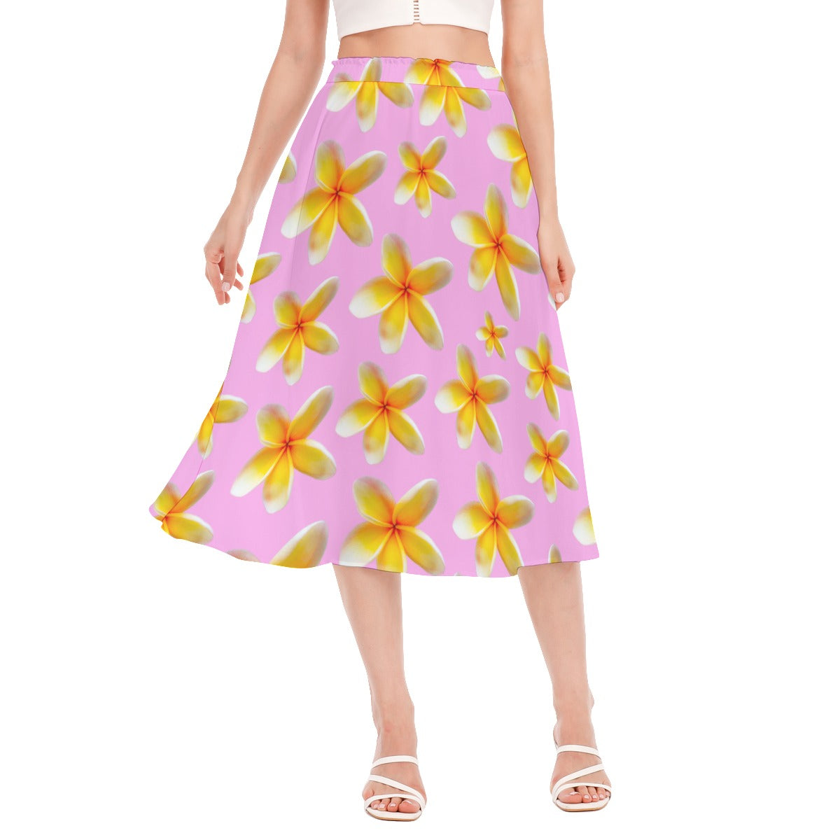 Yellow Frangipanis Pink Chiffon Skirt No Pockets up to 2XL (FWS)