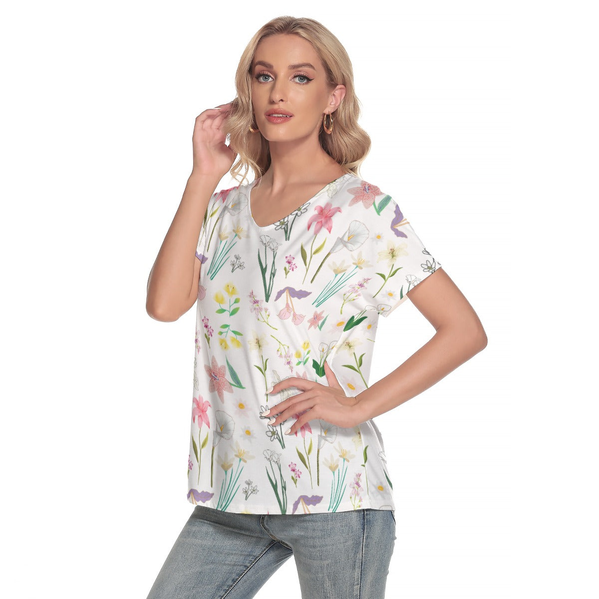 Graphic Lillies White V Neck Top up to 4 XL (FWS)