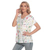 Graphic Lillies White V Neck Top up to 4 XL (FWS)