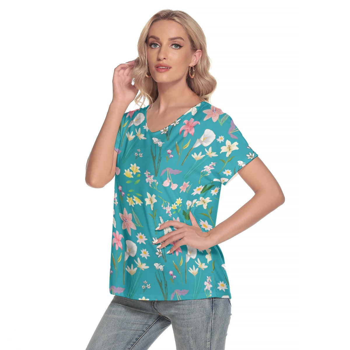 Graphic Lillies Teal V Neck Top up to 4 XL (FWS)