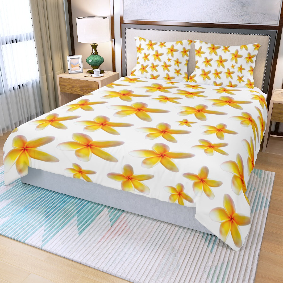 Yellow Frangipanis White Three Piece Bed Cover Set