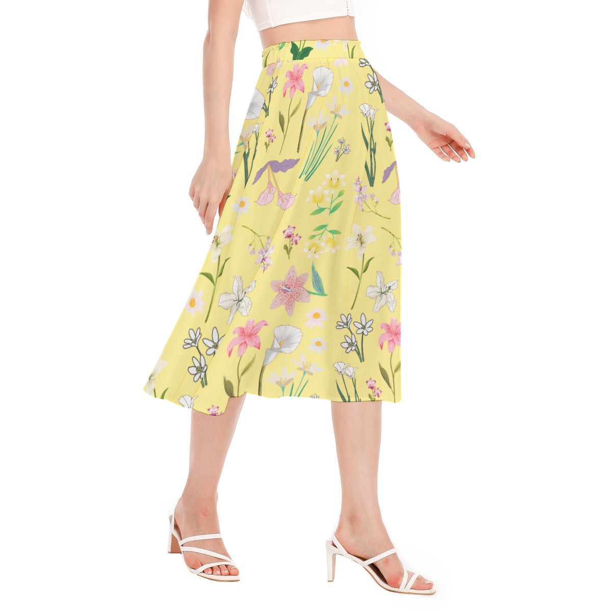 Graphic Lillies Yellow Long Skirt No Pockets up to 2XL (FWS)