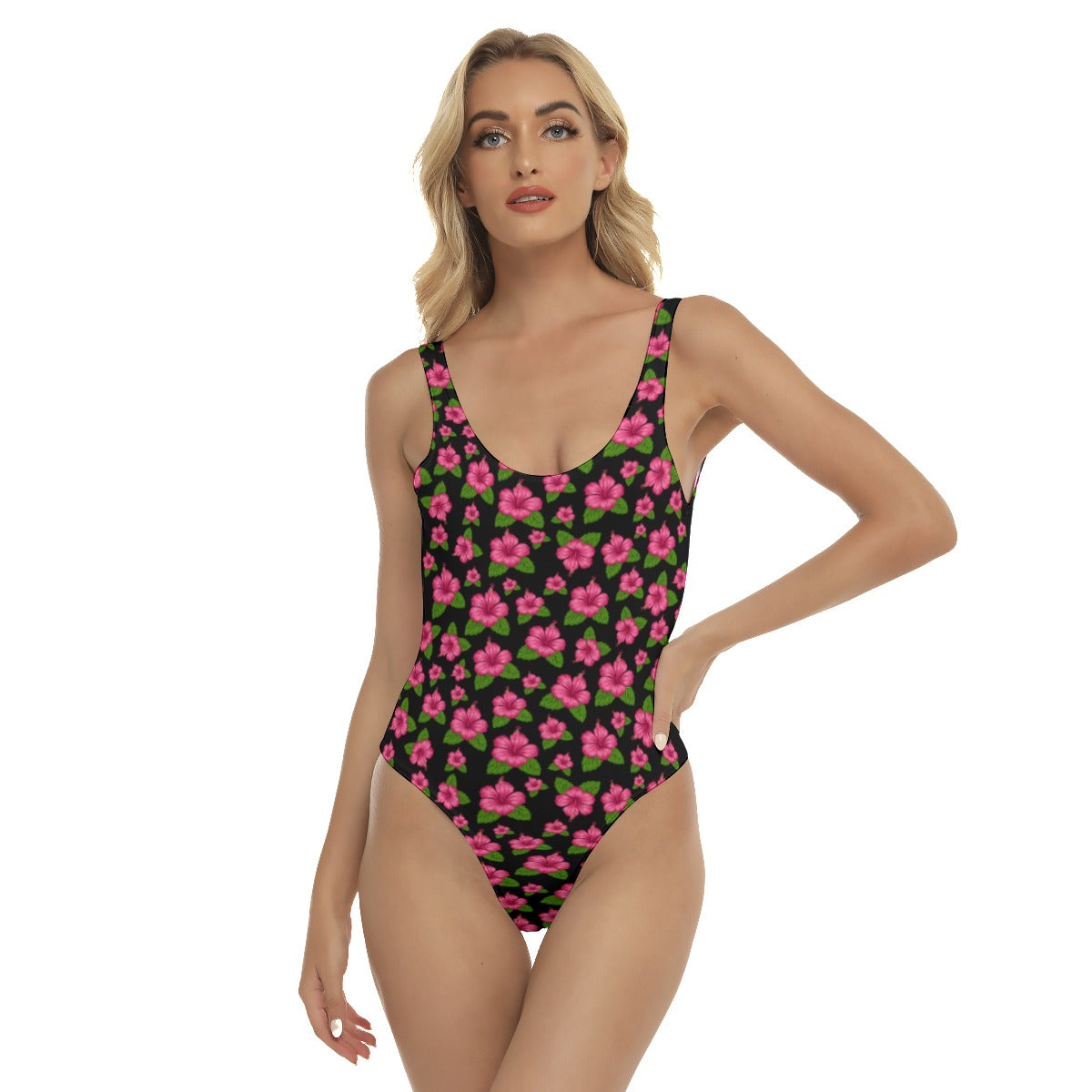 Graphic Pink Hibiscus Black Bathing Suit up to 3 XL (FWS)