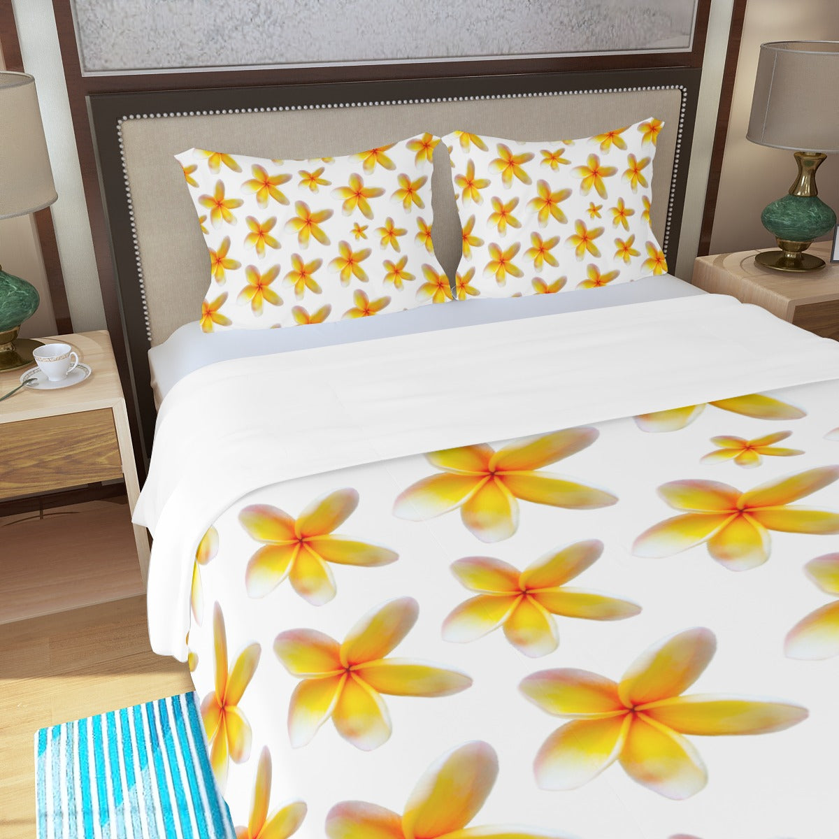 Yellow Frangipanis White Three Piece Bed Cover Set