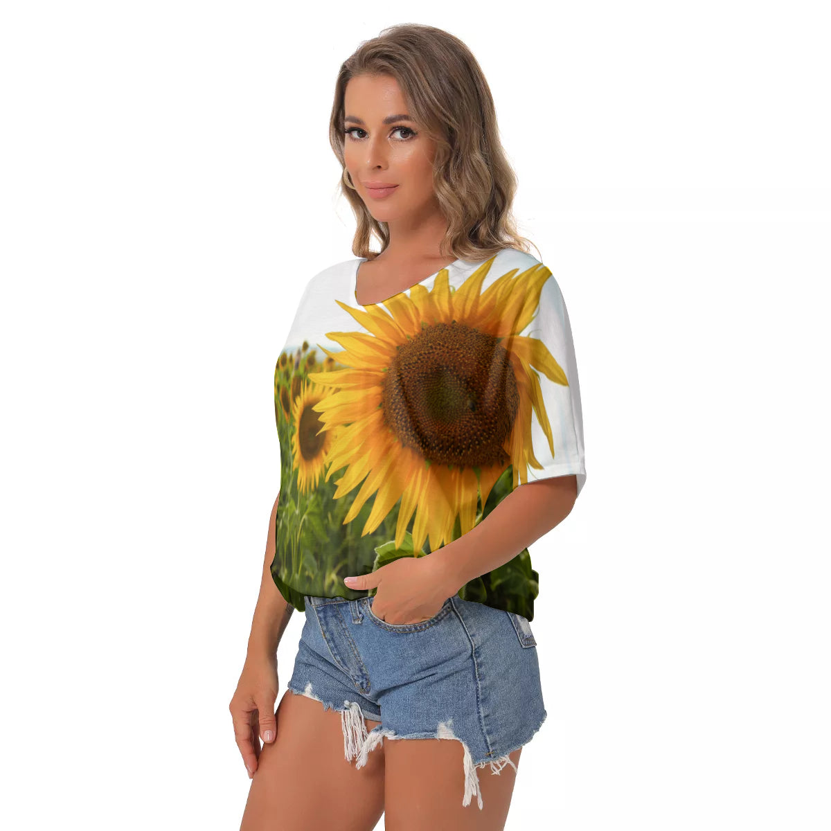 Sunflowers Women's Bat Sleeves V-Neck Top up to 2 XL