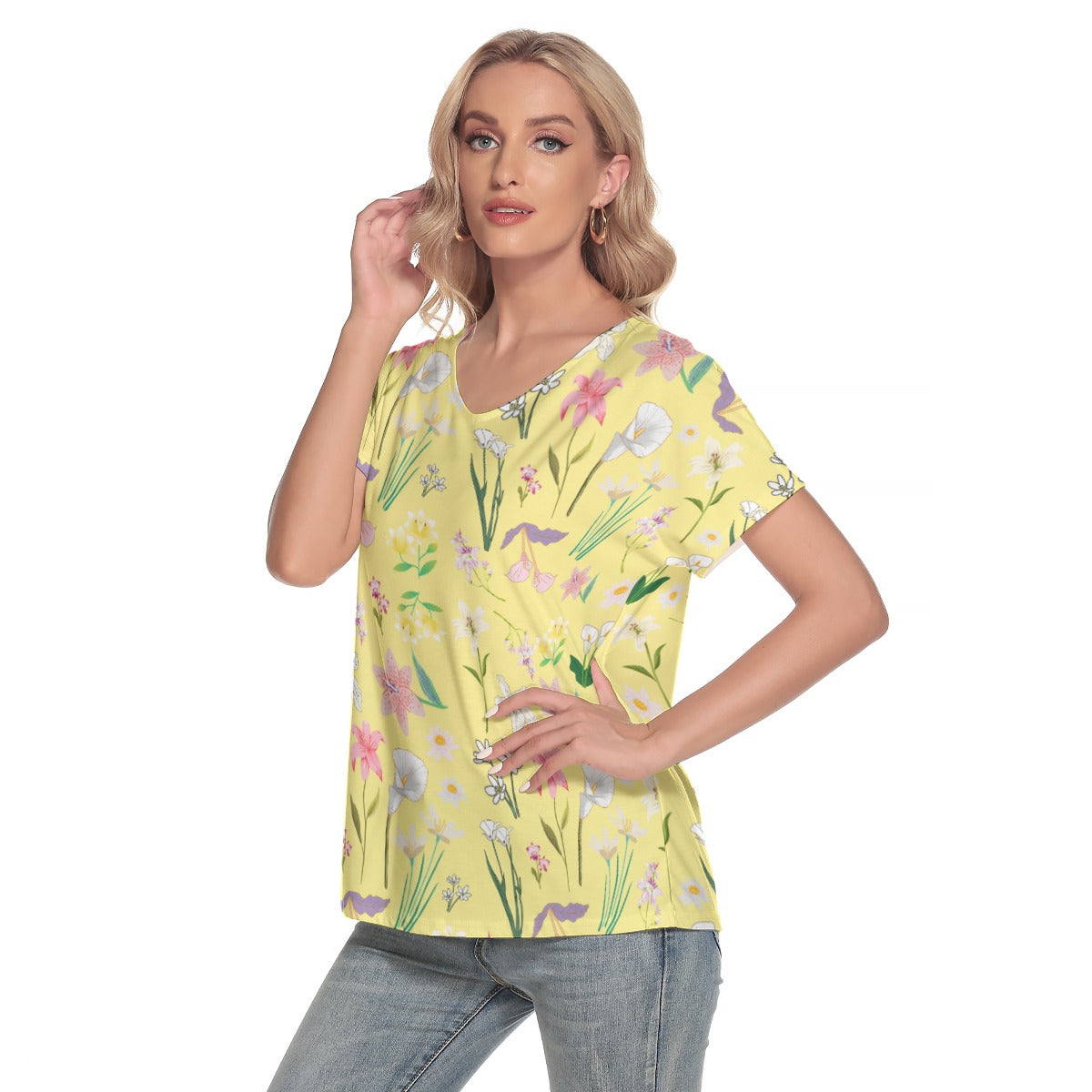 Graphic Lillies Yellow V Neck Top up to 4 XL (FWS)