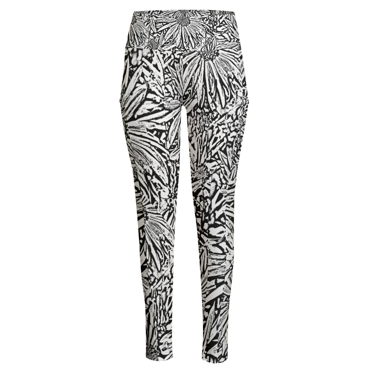 Black & White Daisies High Waist Leggings With Side Pockets up to 6 XL