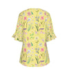 Graphic Lillies Yellow V Neck Top with Bell Sleeves up to 3 XL