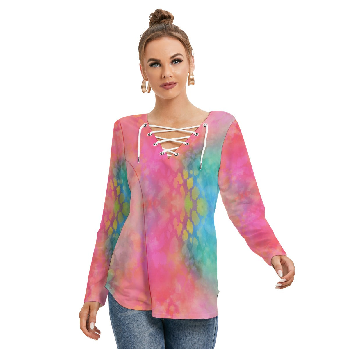 Rainbow Cotton Floss Women's Long Sleeve Tie Neck Top up to 2 XL