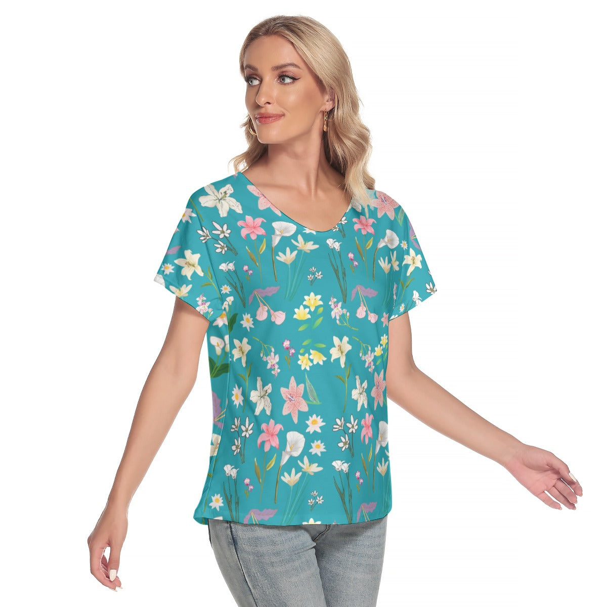 Graphic Lillies Teal V Neck Top up to 4 XL (FWS)