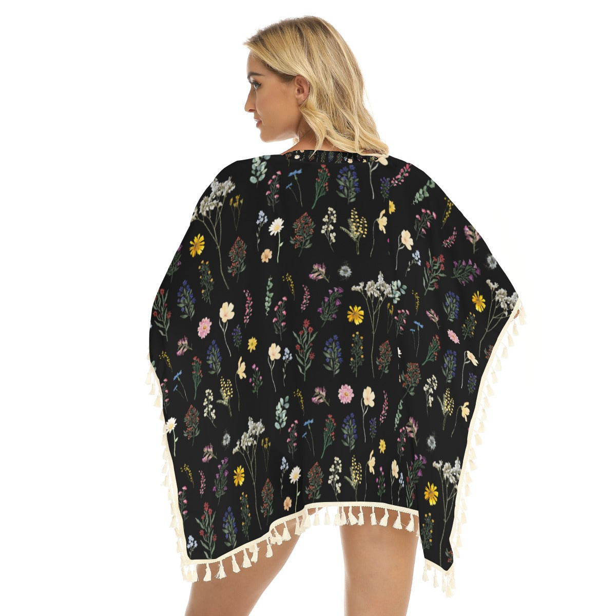 Wildflowers Black Square Fringed Shawl up to 2 XL (FWS) 3