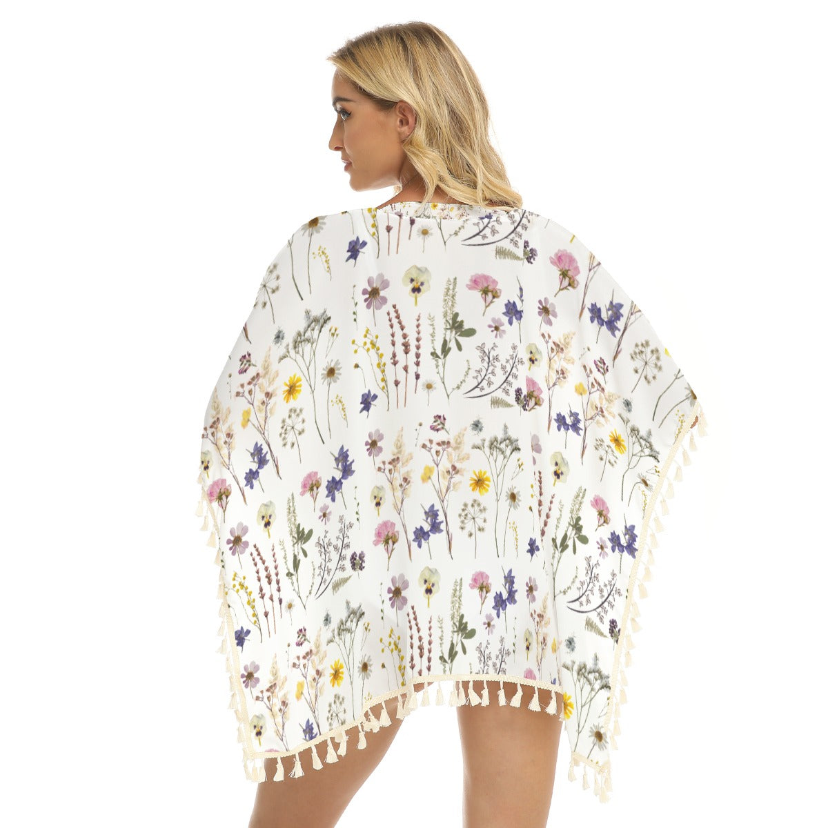 Wildflowers White Square Fringed Shawl (FWS)