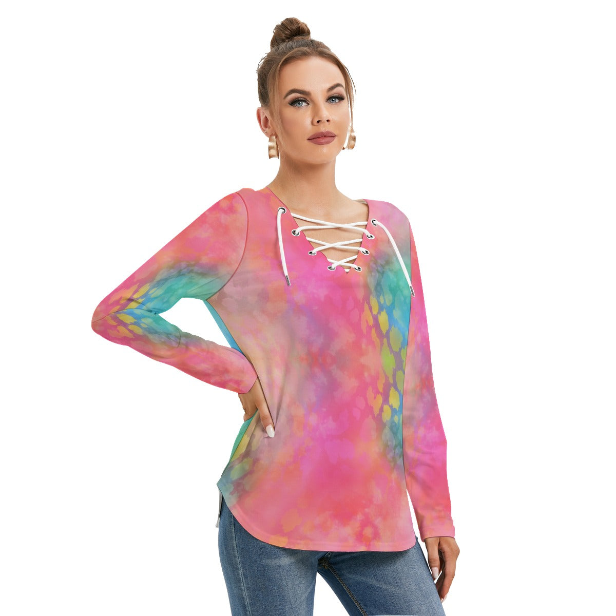 Rainbow Cotton Floss Women's Long Sleeve Tie Neck Top up to 2 XL